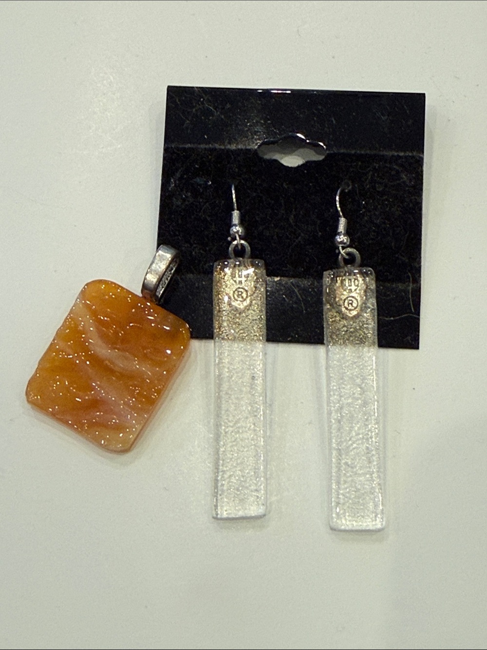 Orange Square Pendant with Clear Bar Dangle Earrings Set